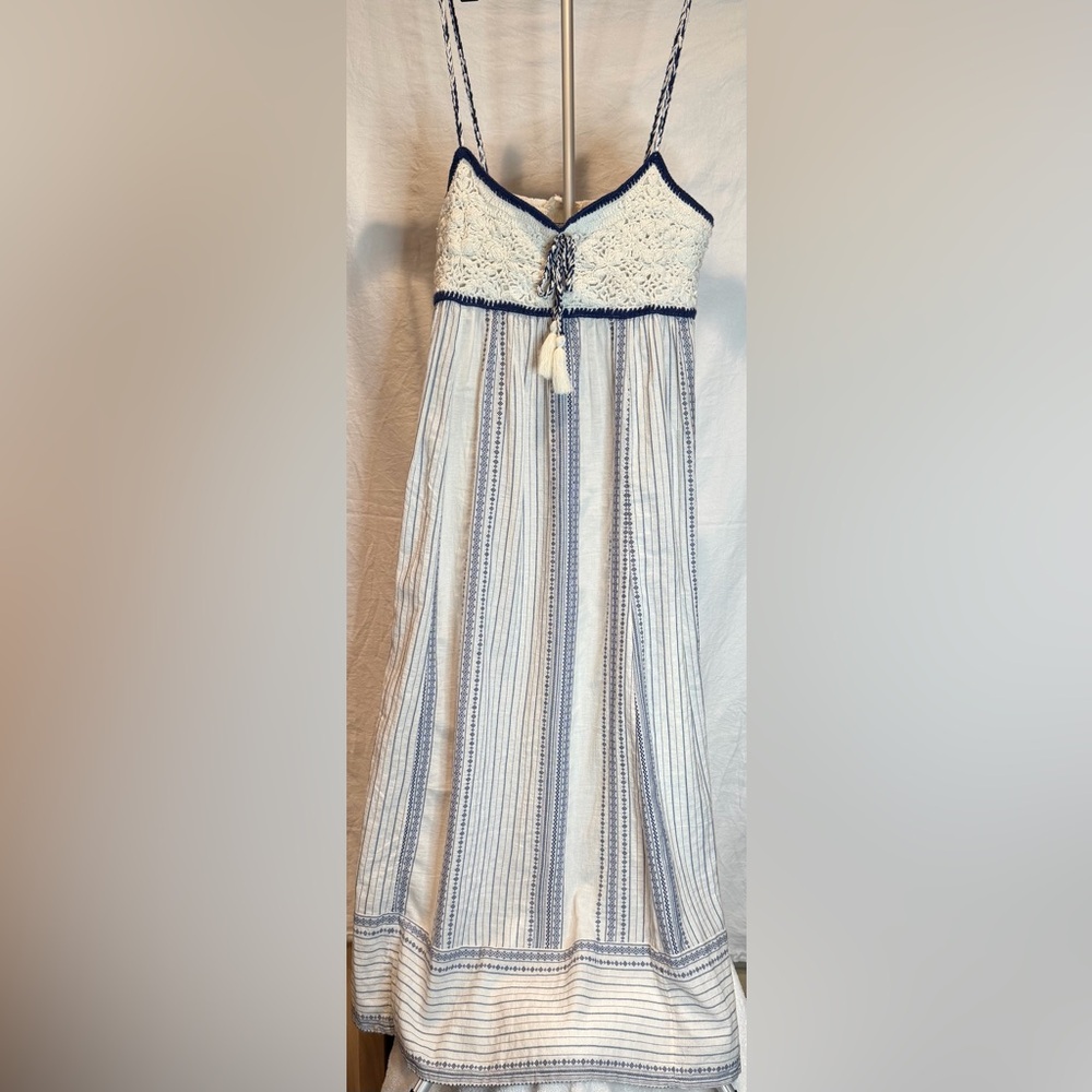 Lucky Brand Women’s Crochet Bodice Cotton Maxi Dress Cream & Navy Large NWT